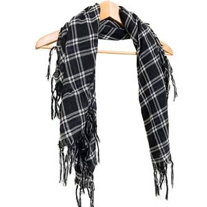 Plaid Black White Purple Lightweight Square Fringe Grunge Wrap Scarf